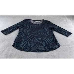 Cato Womens XL Black Teal Abstract Wave 3/4 Sleeve Strappy Back Knit Top Blouse